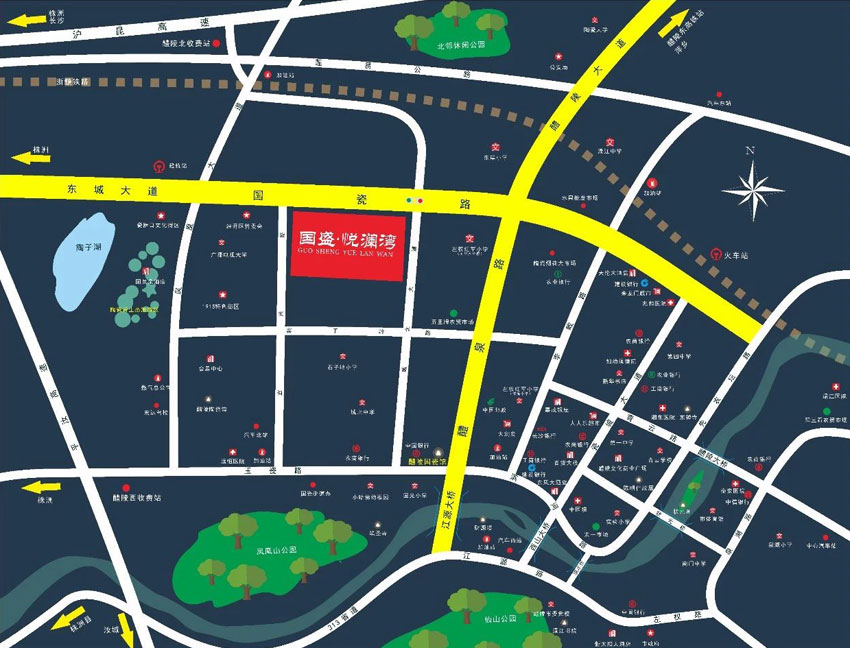 国盛悦澜湾项目位于醴陵国瓷路与城北大道交汇处（时代金属对面）